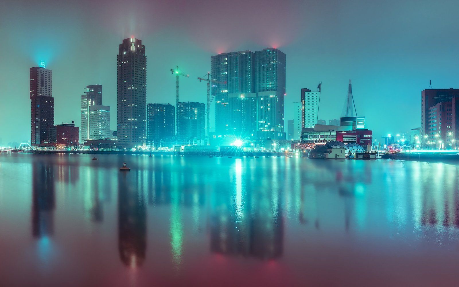 Verlichte skyline weerspiegelt in het water van de Rijnhaven